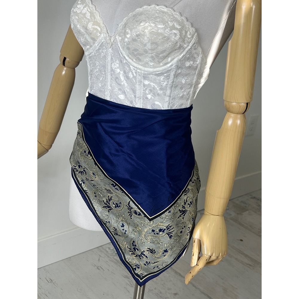 Anne Klein Vintage Silk Scarf Navy Blue Paisley Border Square Made in Japan